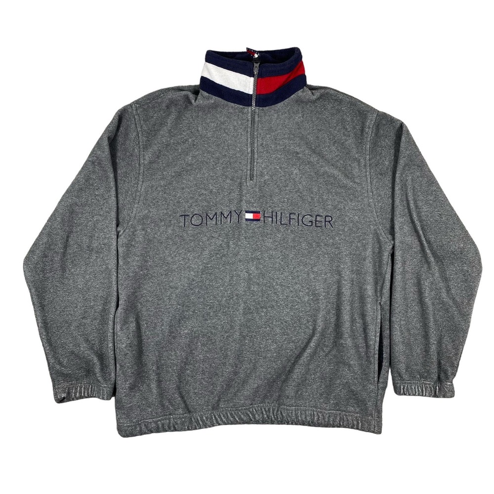 Tommy Hilfiger Logo Quarter Zip Fleece Vintage Blue Pullover Jacket Size Small